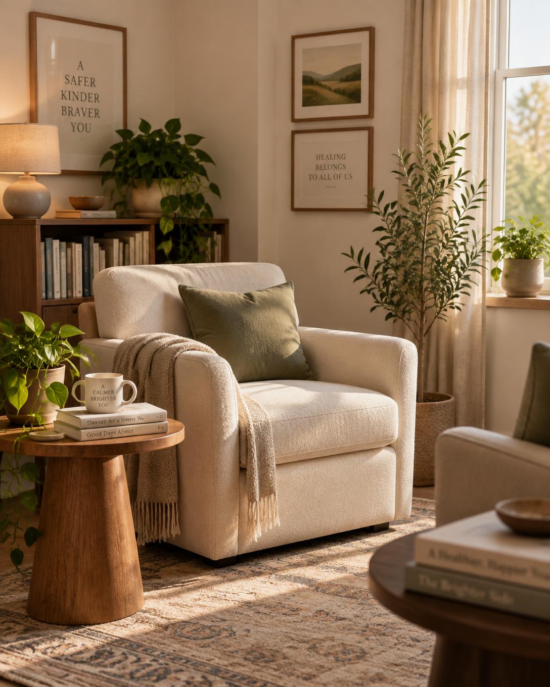 A warm, sunlit therapy office with a cream armchair and plants